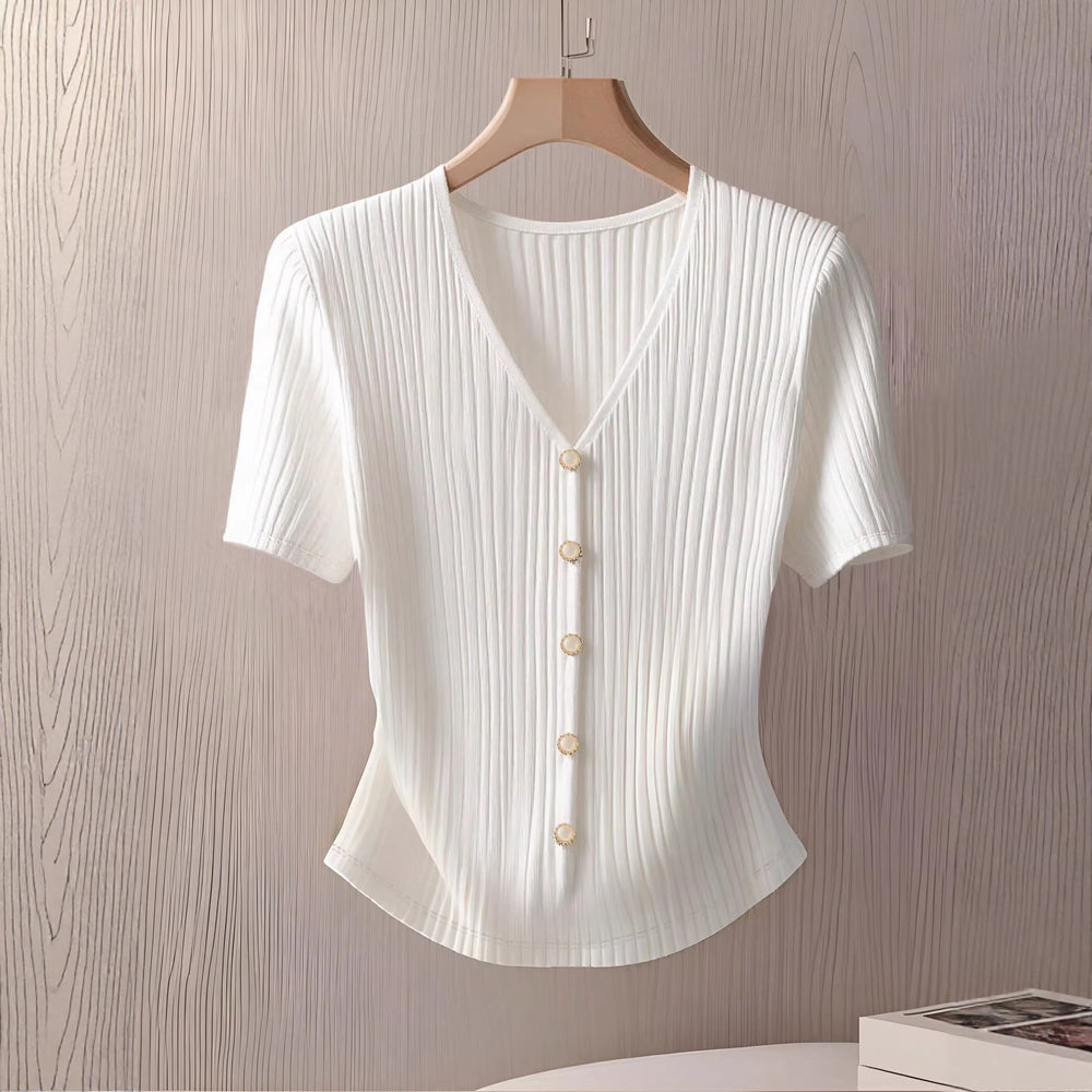 european and american cross-border e-commerce new v-neck knitted short-sleeve shirt solid color loose-fit base layer summer top