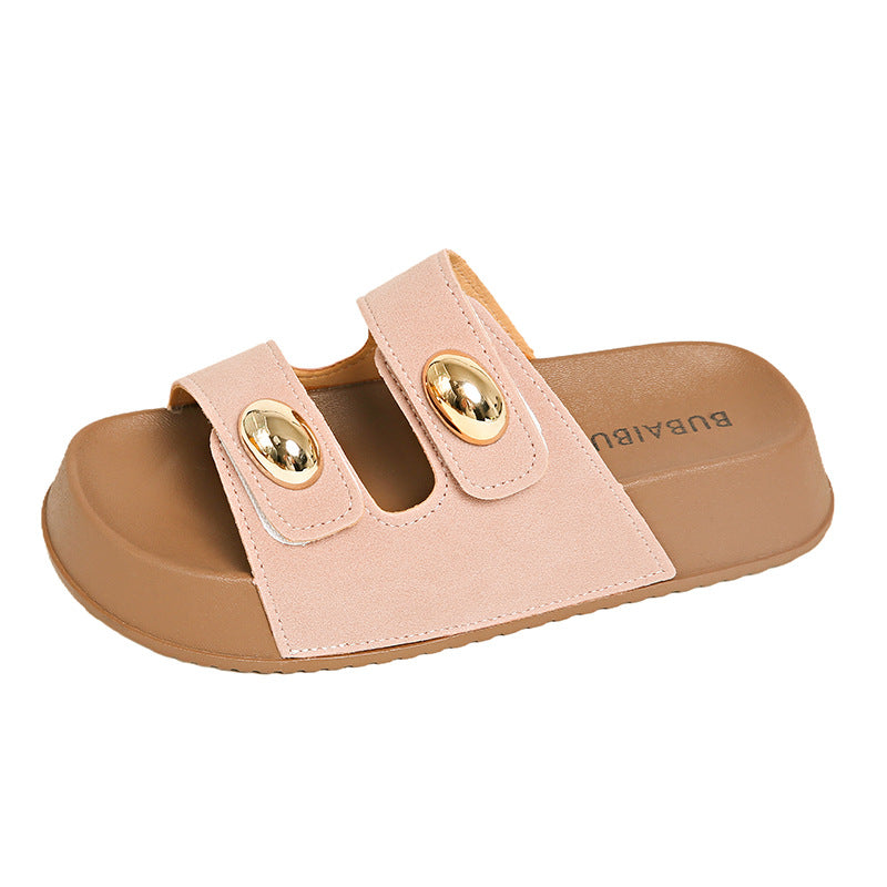 Summernew arrival round head gold bean buckle double strap fashioncasual style outwear women's slippers thick soleeasiest for matchpopular boken sandals