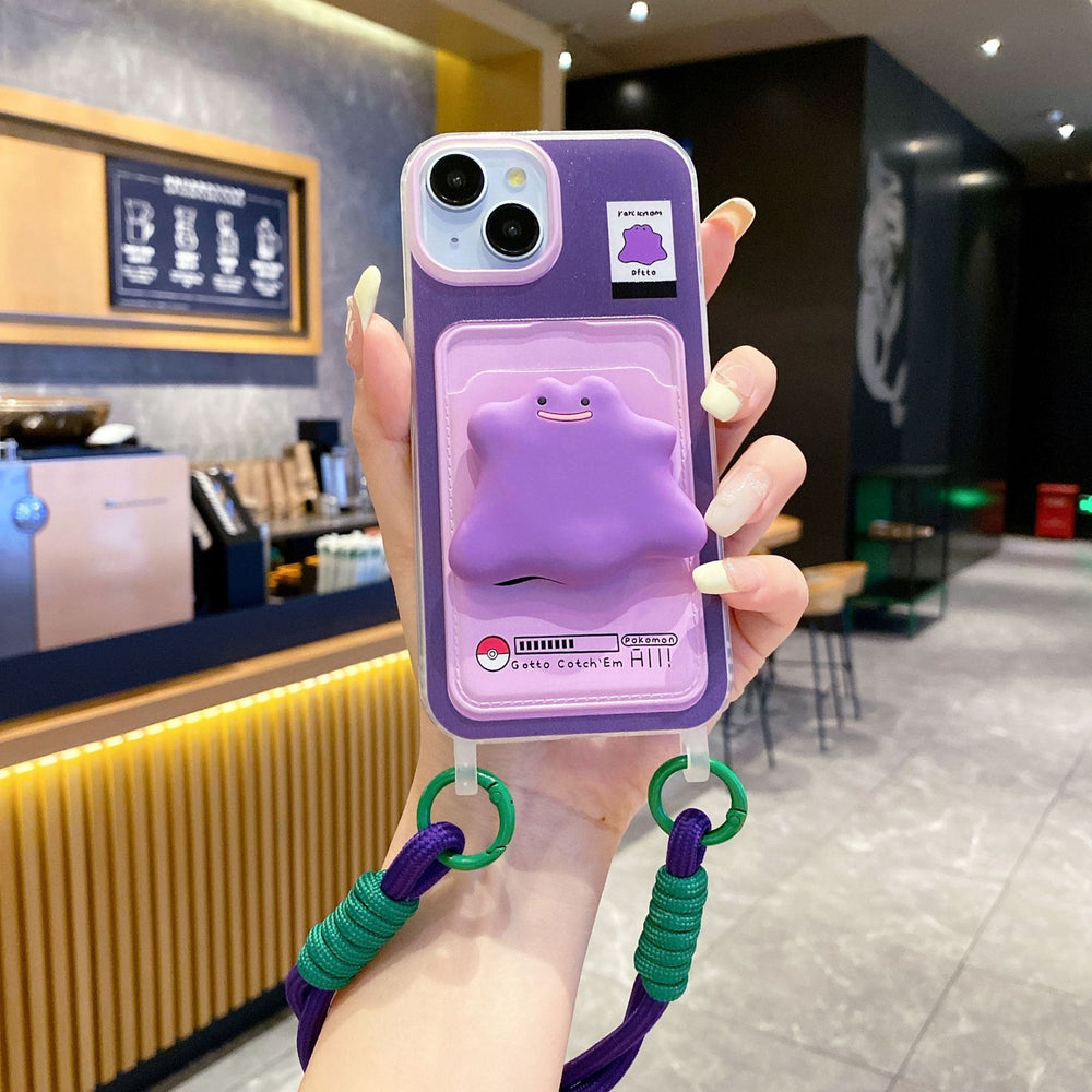 Creative card holder lanyard for apple 16 pro, cute purple monster phone case for iphone xr/12
