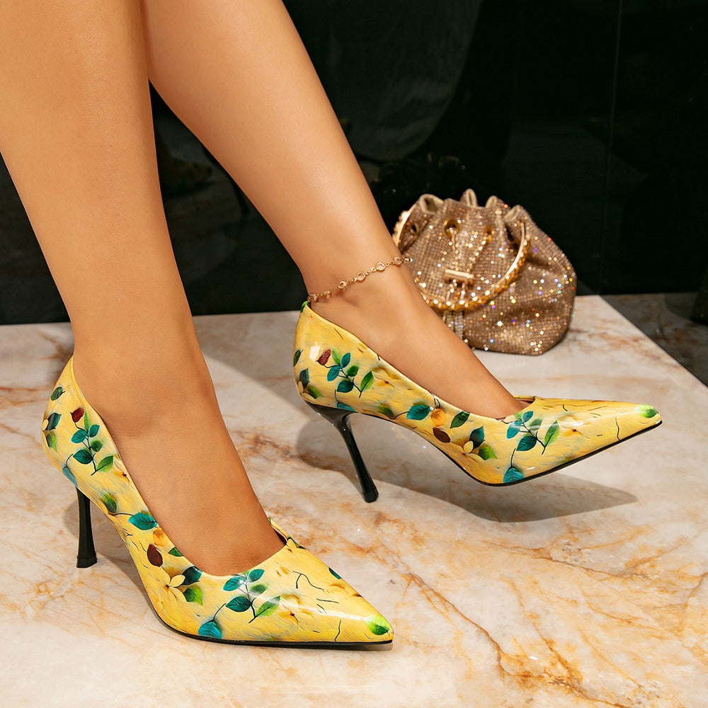 Huizhou city aliexpress women's high heels - fashionable yellow printed pointed-toe stiletto heel pumps