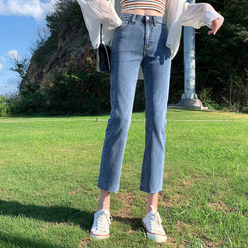 Commutingstraight-leg pants hot-selling new arrivalcasual denim nine-point pants easiest for matchhigh waistslimming look hip-lifting washed jeans