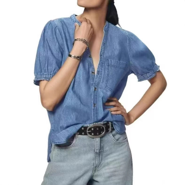 new european and american style versatile princess sleeve lightweight denim shirt casual top for women - perfect for cross-border e-commerce on  and