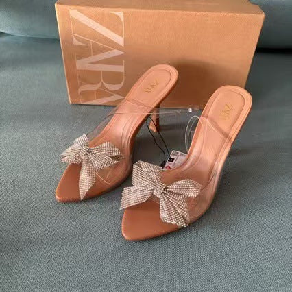 2024 new export square toe stiletto heel sandals with bow and rhinestone detail, plus size, open back, wholesale for women (wish)