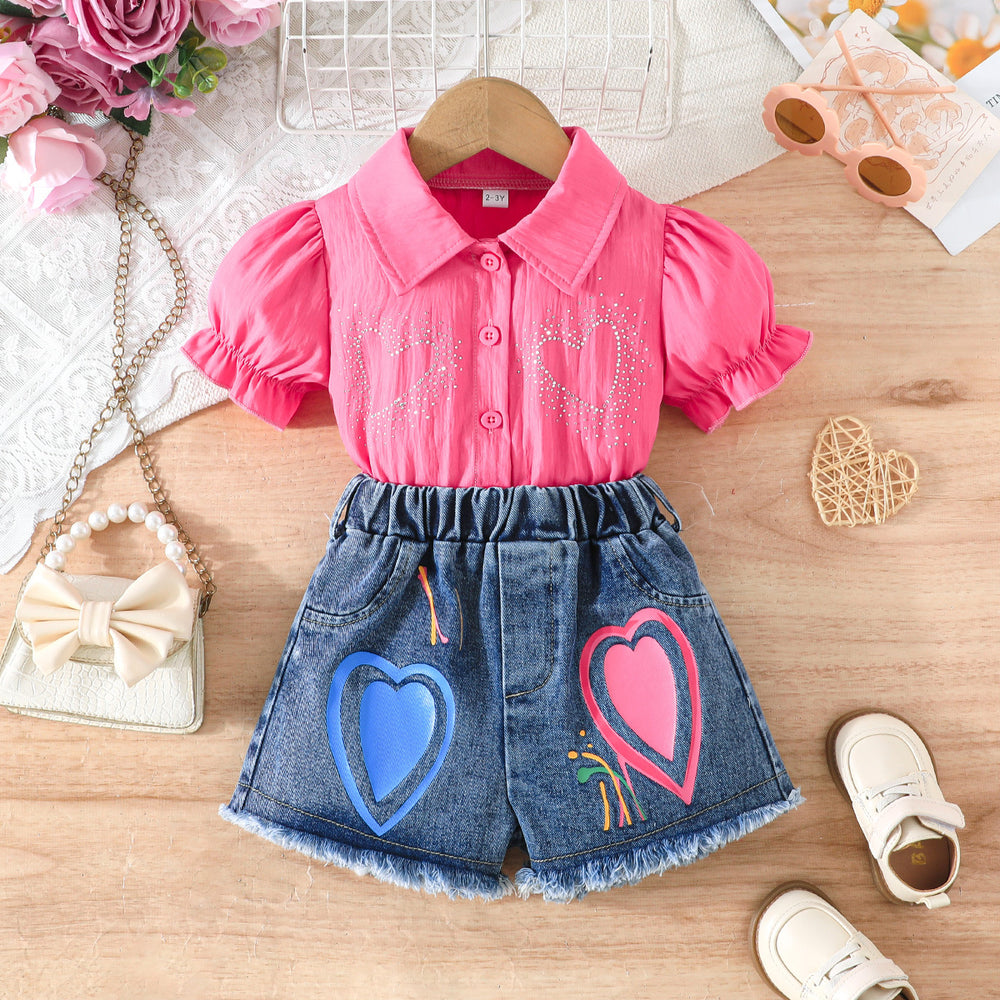 girls' outfit: heart-shaped rhinestone bubble sleeve top + denim shorts - kids' summer two-piece set