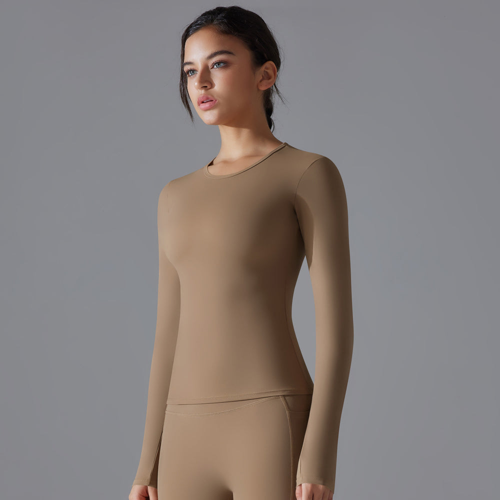 New double-sided brushed solid color long yoga top - long sleeve, high-stretch, breathable, sports running fitness casual t-shirt for women