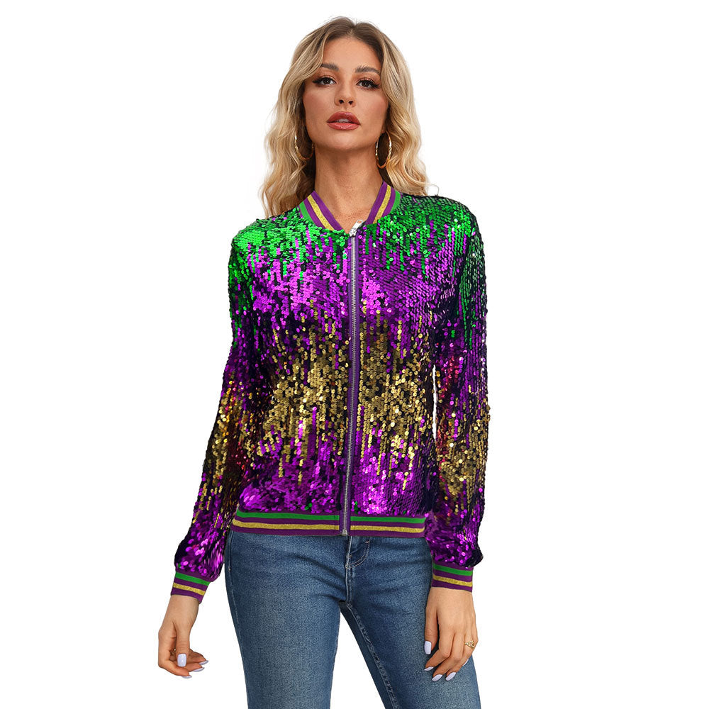 10345 Cross-border European and American  long-sleeved cardigan stand-up collar sequined spring and autumn women's baseball jacket