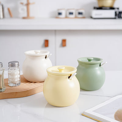 Accessible luxury lard filled ceramic kitchen seasoning storage jar multi-purpose seasoning jar with spoon for home chili jar wholesale