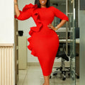 D608 cross-border  fashion women's round neck elegant three-quarter sleeve ruffle trim african dress