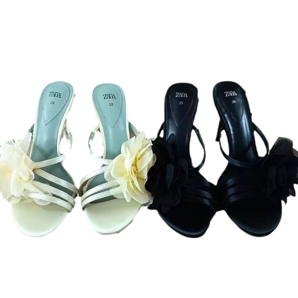 Za2024 summer new women's shoes floral decorated thin strap high heel sandals casual versatile fashion sandals for women