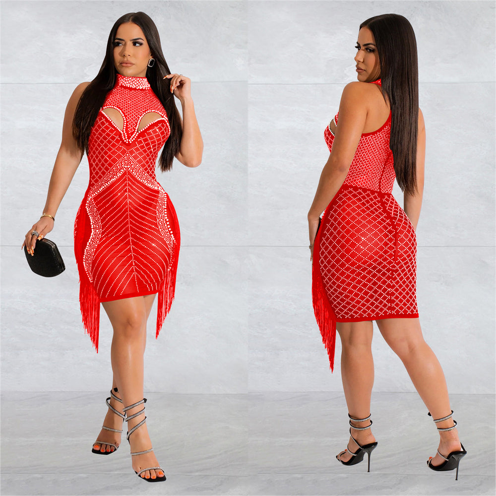 C6353 cross-border   fashion women's solid color mesh rhinestone temperament mini dress