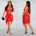 C6353 cross-border   fashion women's solid color mesh rhinestone temperament mini dress