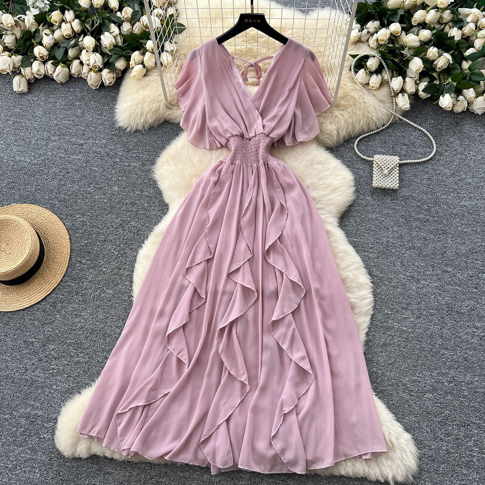 Summer women's niche design criss-cross v-neck flutter sleeve cinched waist chiffon dress - ethereal ruffle maxi dress