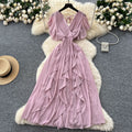 Summer women's niche design criss-cross v-neck flutter sleeve cinched waist chiffon dress - ethereal ruffle maxi dress
