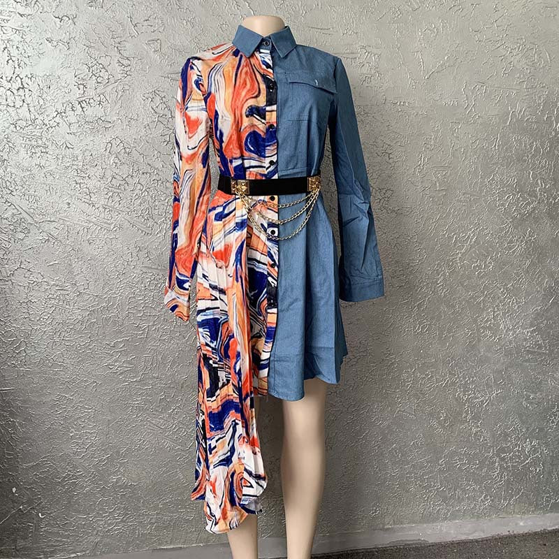 Source denim chiffon patchwork unique cutting fashionloose shirt dressfashion african plus size special price
