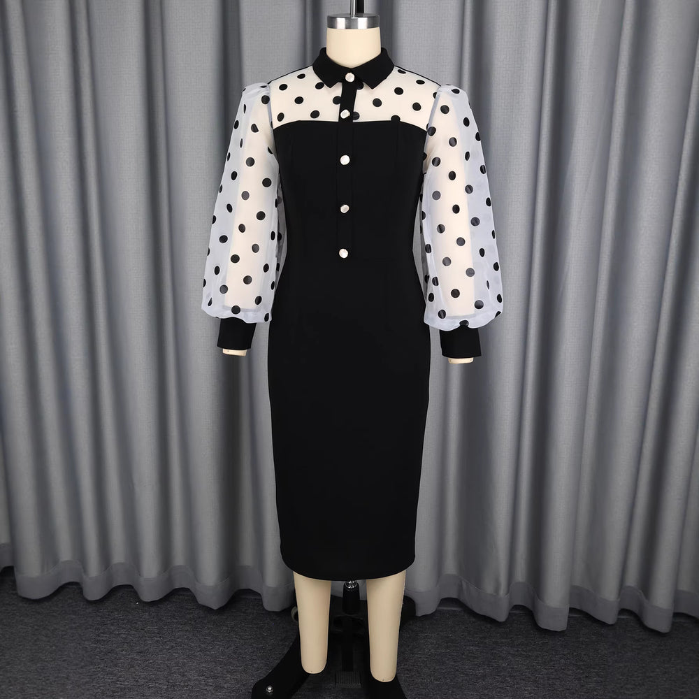 Fashion cross-border plus size polka dot patchwork dress, lapel mesh puff sleeves, see-through silm hip-hugging skirt dress