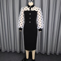 Fashion cross-border plus size polka dot patchwork dress, lapel mesh puff sleeves, see-through silm hip-hugging skirt dress