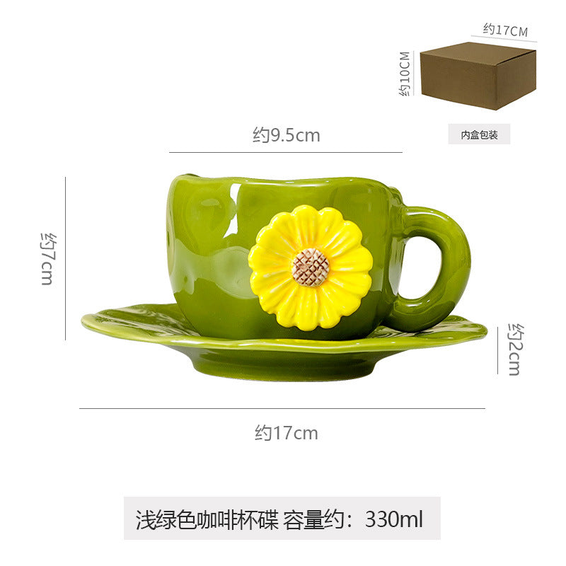 Hand-pinched embossed floral coffee cup and saucer set - home, niche, retro style ceramic milk cup, water cup, unique and high-value design