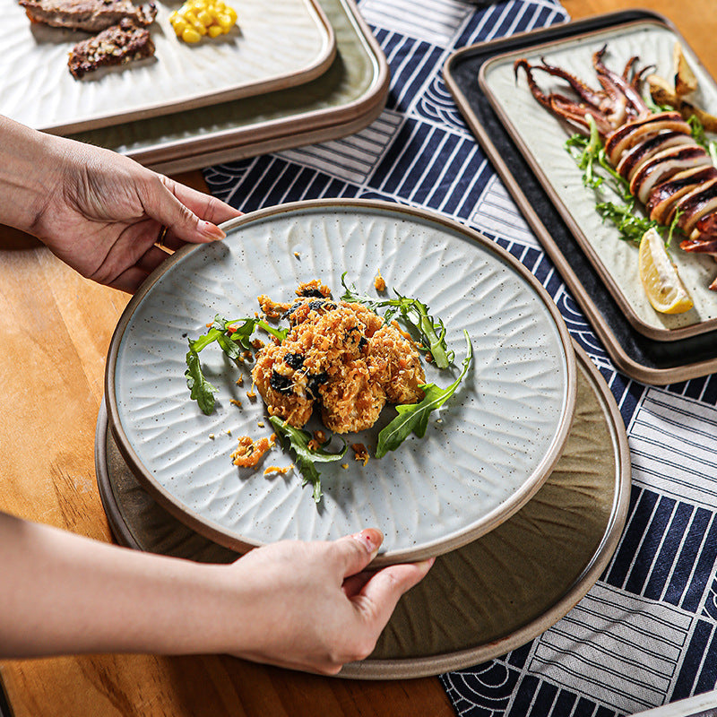 Stylishretro creative ceramic tableware kiln turned flat plate restaurant hotel stoneware western food steak plate japanese round plate