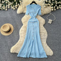French chic single-breasted knit dress - women's summer short sleeve cutout slim fit elegant maxi dress