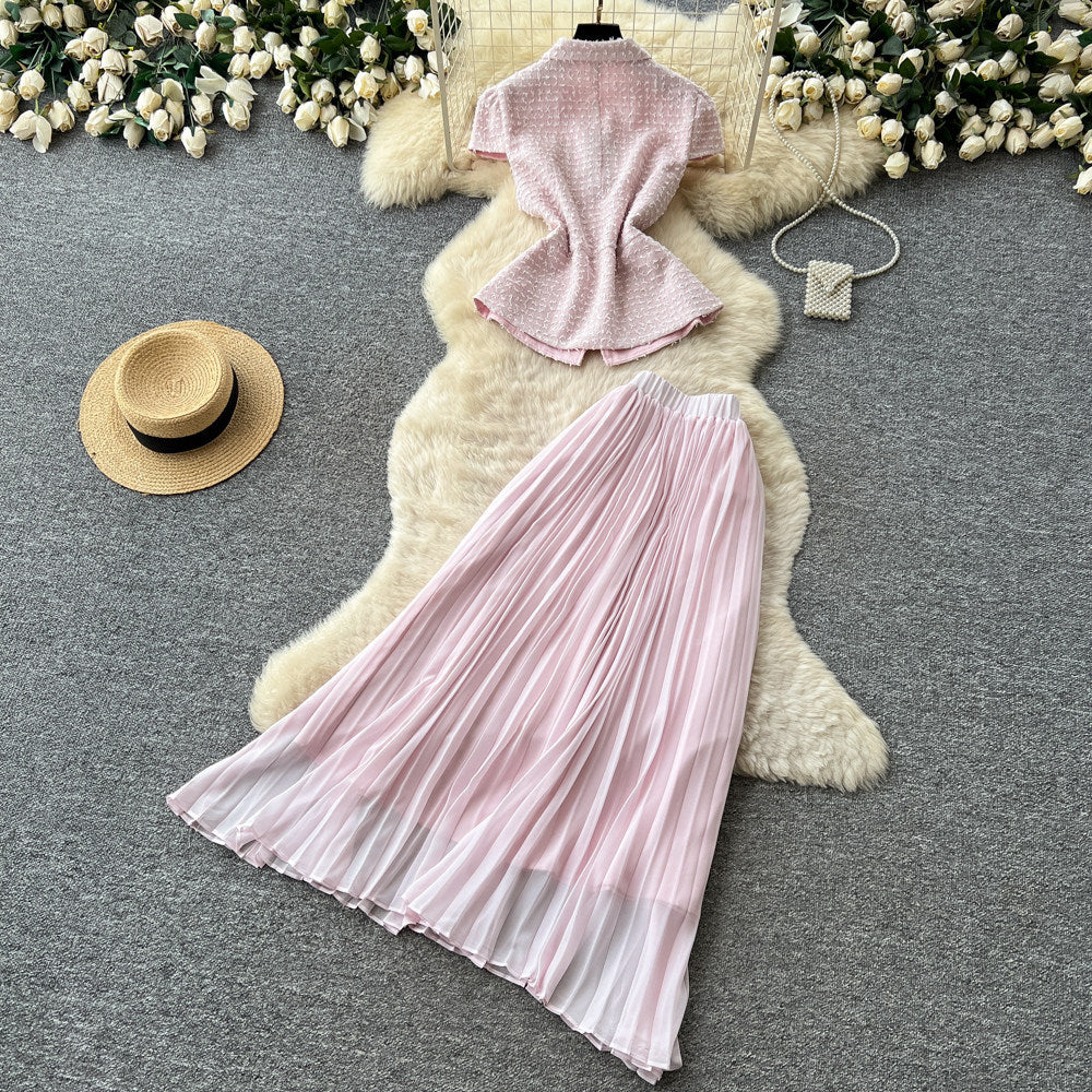 French chic collar sweetheart vest pleated skirt two-piece set - elegant, stylish, and high-end summer collection for women