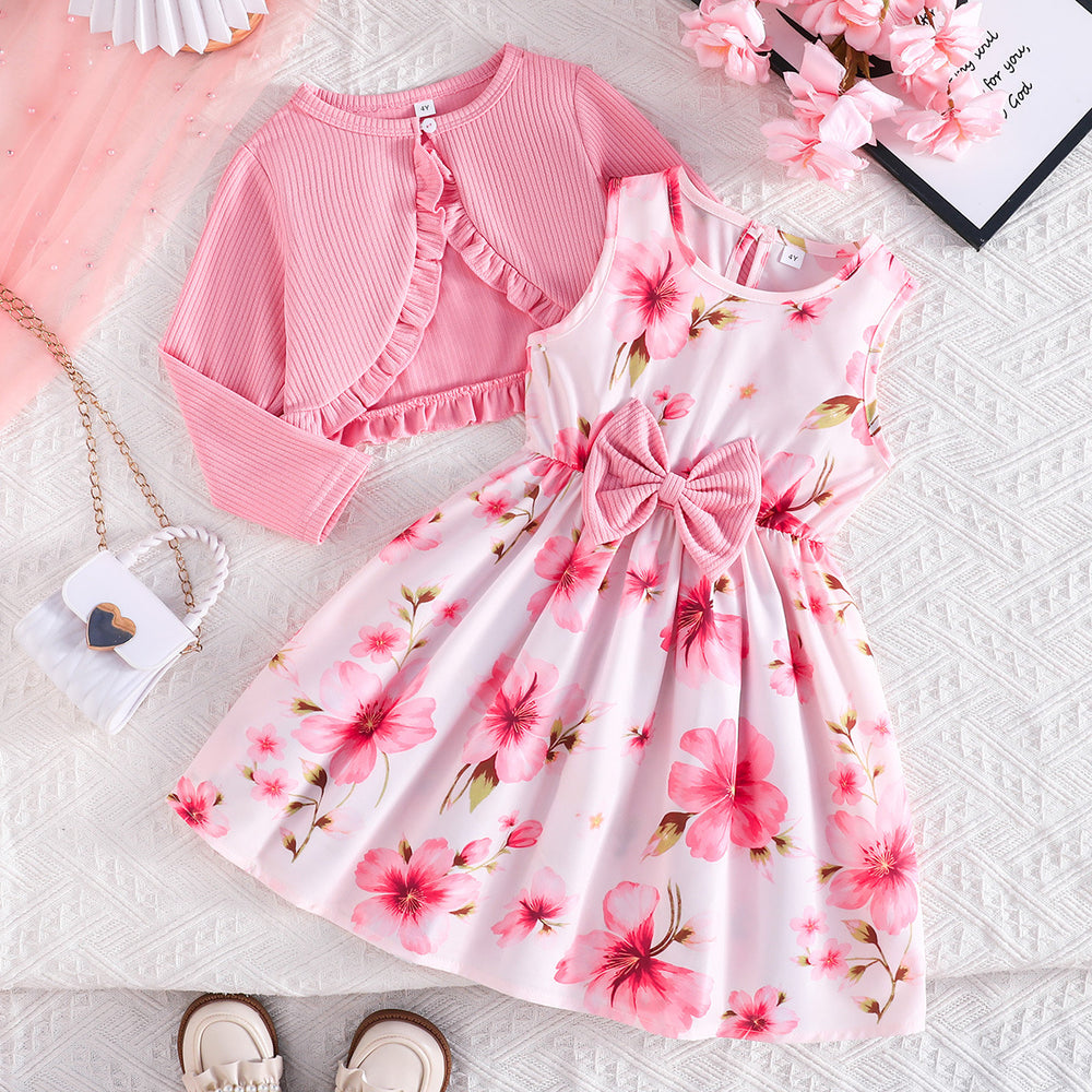spring/autumn collection: girls' colorful suspender dress + solid color cardigan - new fashionable and elegant baby outfit