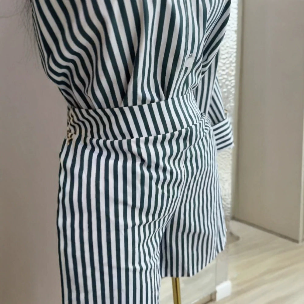 European and american style women's clothing  autumn new collection: sweet and fresh striped turn-down collar long-sleeve shirt and high-waisted straight-leg shorts two-piece set