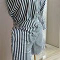 European and american style women's clothing  autumn new collection: sweet and fresh striped turn-down collar long-sleeve shirt and high-waisted straight-leg shorts two-piece set