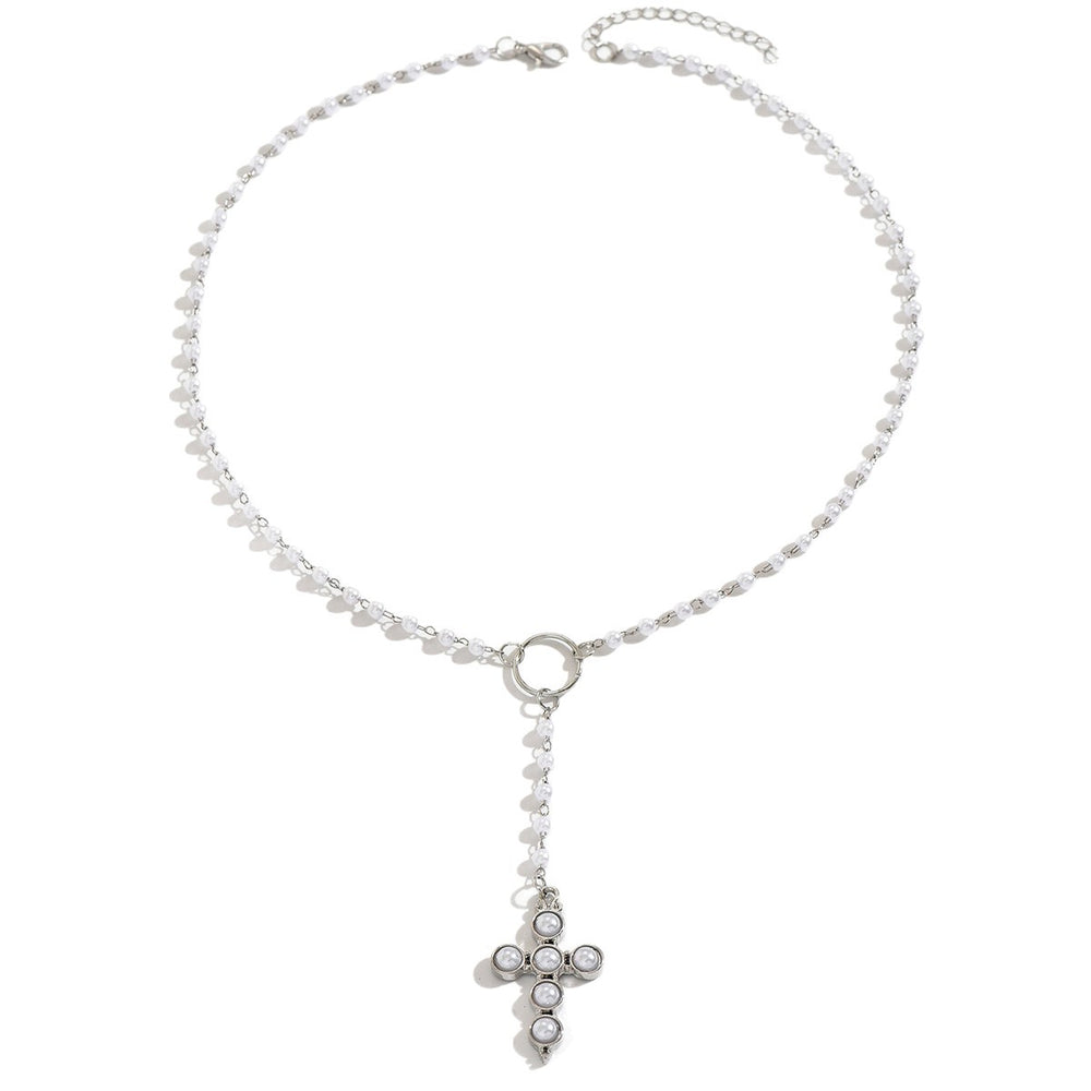 European and american cross-border fashion long tassel cross pendant faux pearl necklace women's minimalist earrings accessories