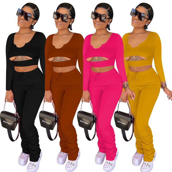 YD1094 special products are not refundable, European and American women's clothing fashion and leisure solid color waist two-piece set