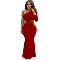 C6101 cross-border   fashion women's solid color rhinestone one-shoulder long sleeve maxi dress