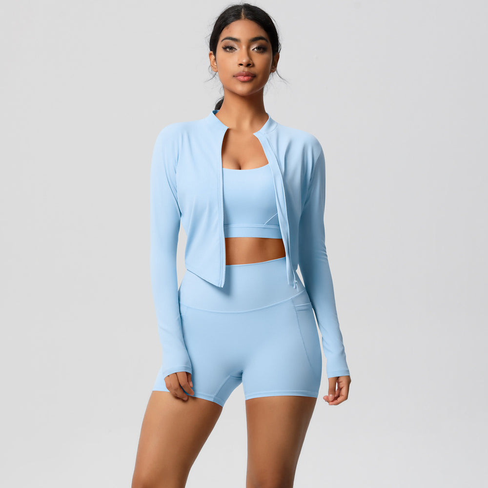 High-waisted brushed fleece tight pocket yoga set - cloud-soft quick-dry activewear three-piece outfit for outdoor leisure, running, and fitness