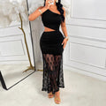 Amazon fashion black pure color elegancesexy formal one-shoulder cut out pleated see-through lacepatchwork long skirt