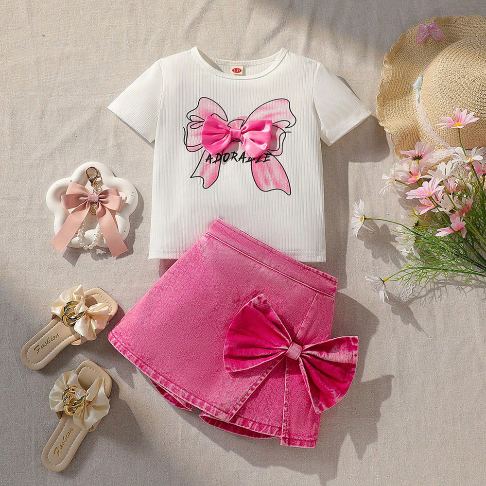 hot-selling girls' 3d bow top & heavy-duty washed denim skort set - two-piece outfit