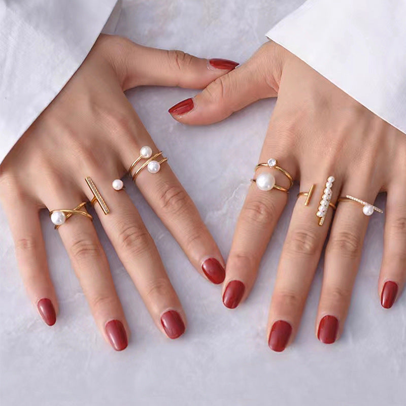 Wholesale alloy rings: european & american cross-border jewelry, women's high-end fashion, french minimalist pearl stacking ring set