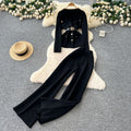 European chic: elegant and high-end strappy waist blazer-style knit top with high-waisted wide-leg pants
