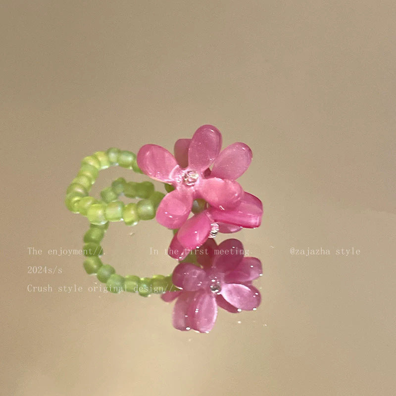 Super fairy french violet flower ring for women niche style design seaside vacation style stacked elastic cord ring bracelet