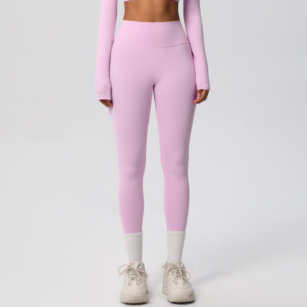 Ready-to-ship european and american style, solid color, double-sided brushed, high-waisted, quick-drying leggings for layering, fitness, outdoor running, and yoga