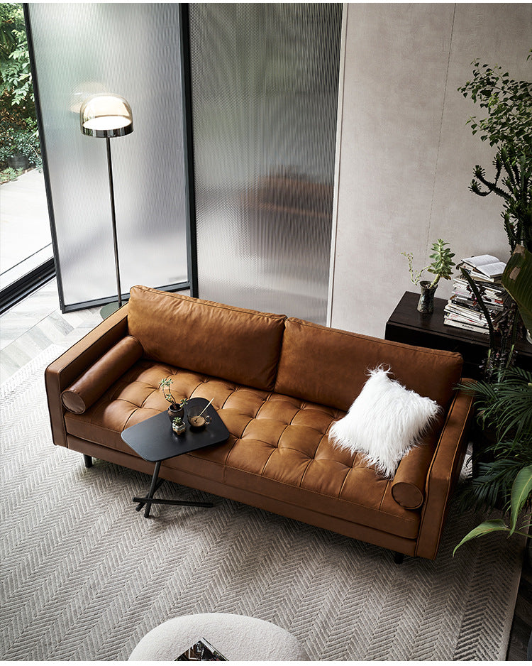 Retro oil wax full genuine leather sofa first layer cowhide casual small apartment straight row three-person slot scandinavian style american style living room