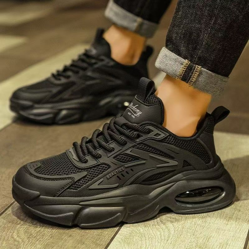 Men's winter 2025 new arrival: bestselling all-black chunky sole "black warrior" air cushion casual sneakers - dad shoes, trendy ins style