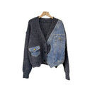 fall/winter new knit & denim patchwork cardigan - irregular design, relaxed fit, trendy women's outerwear
