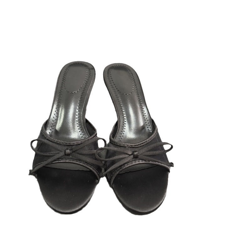 Spain 2024 spring new one-strap open-back trf slippers mesh fabric bowknot decor high heel sandals
