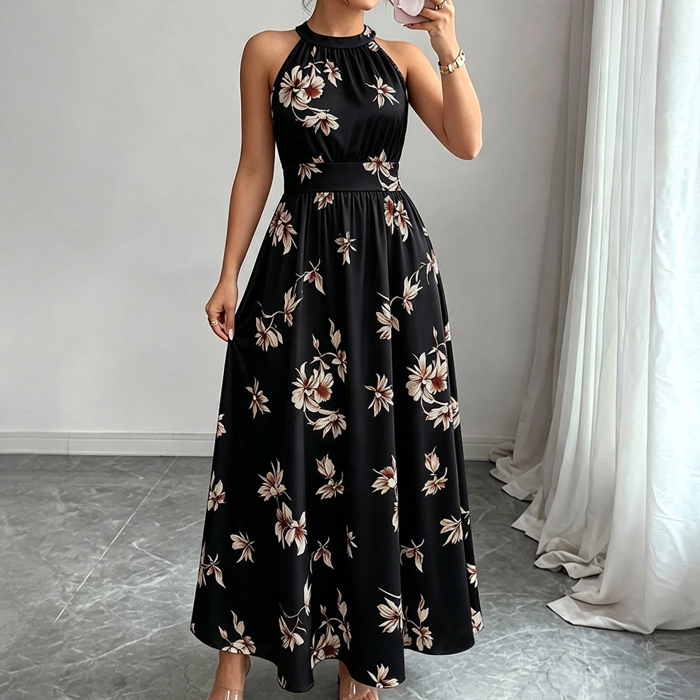 European and american cross-border women's summer  elegant halter neck tie waist floral print pleated maxi swing dress