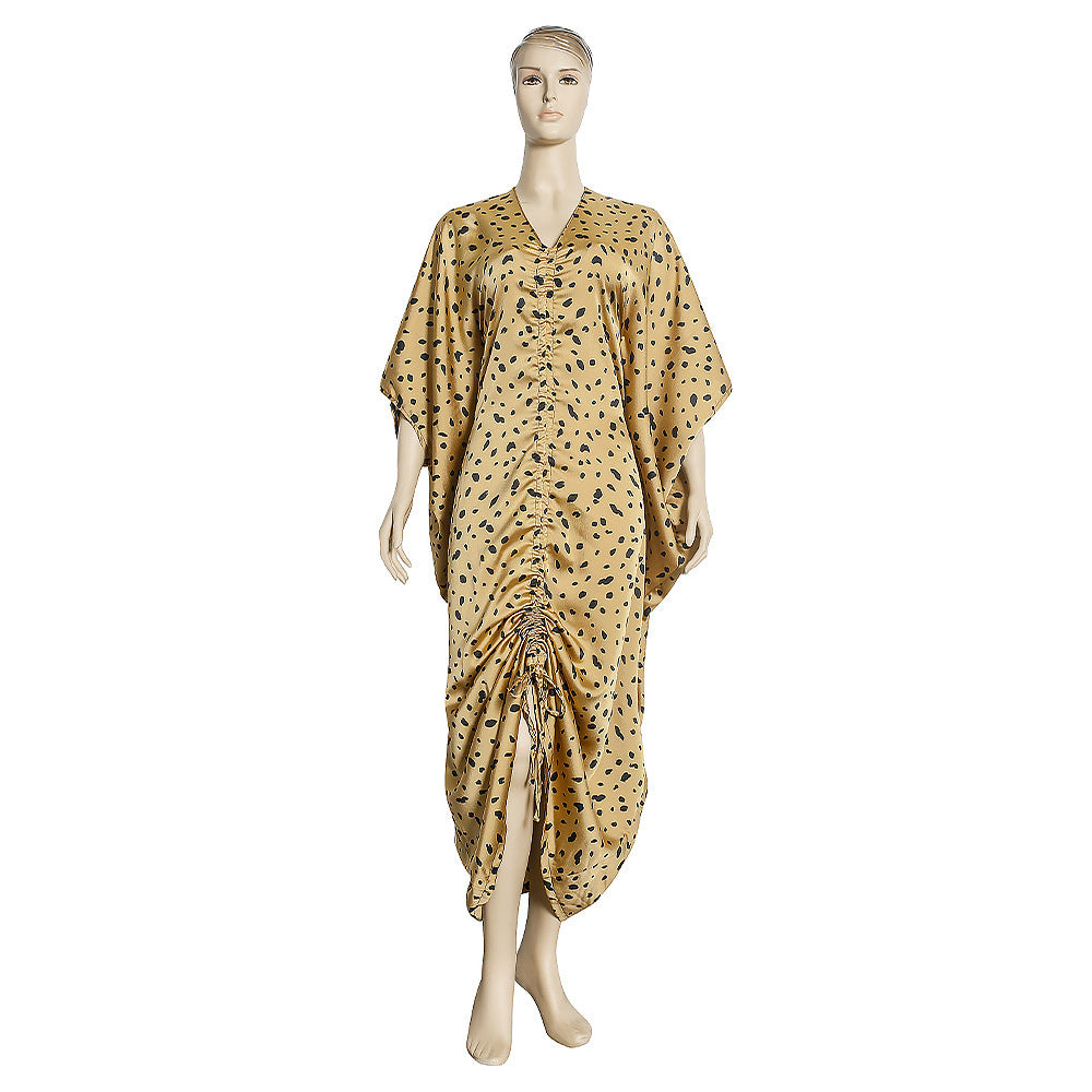 Autumn irregular waist leopard print v-neck loose drawstring dress african plus size women's clothing factory wholesale