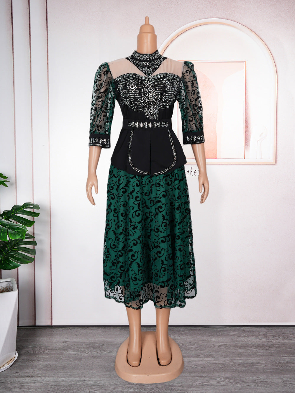 Fashion cross-border export women's clothing plus size african  hot diamond bubble beads waist slimming looklacepatchworkdress