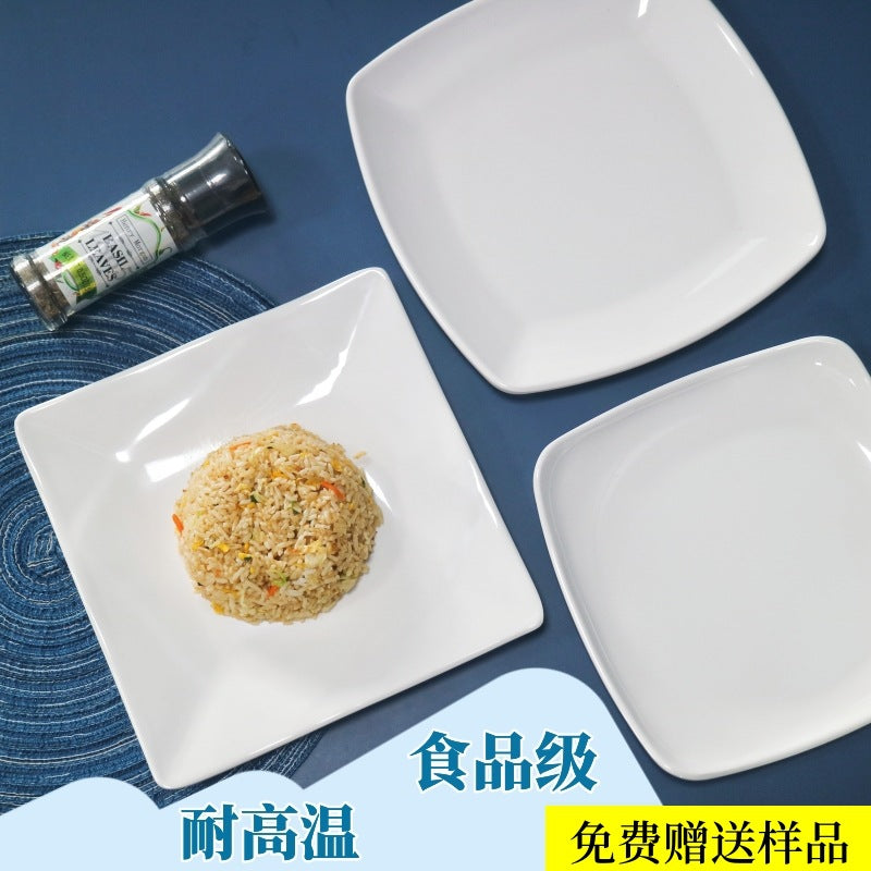 White square melamine dinnerware set - western style plates, fast food plates, covered fried rice/sauce dishes - wholesale for student cafeterias and dining halls