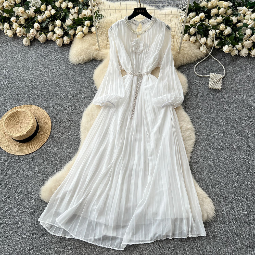 Frenchclassy heavy industry studded cut out round neck stereo flower lantern sleeves strappy waist pleated chiffon dress