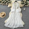 Frenchclassy heavy industry studded cut out round neck stereo flower lantern sleeves strappy waist pleated chiffon dress