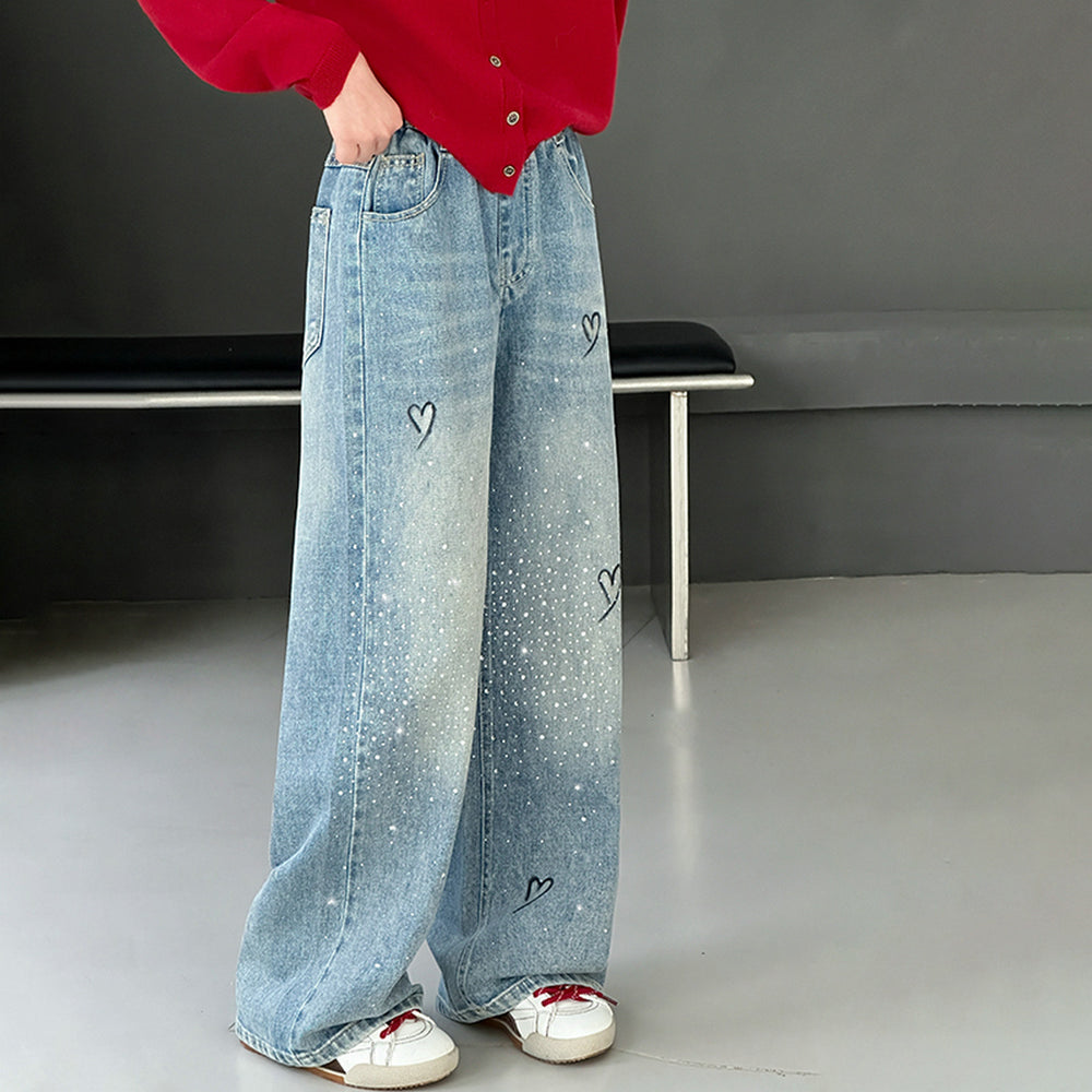 Girl hot diamond heartjeansstraight-legspring & fall style new arrivalfashionable spring clothing for middle-aged and large children loose pants