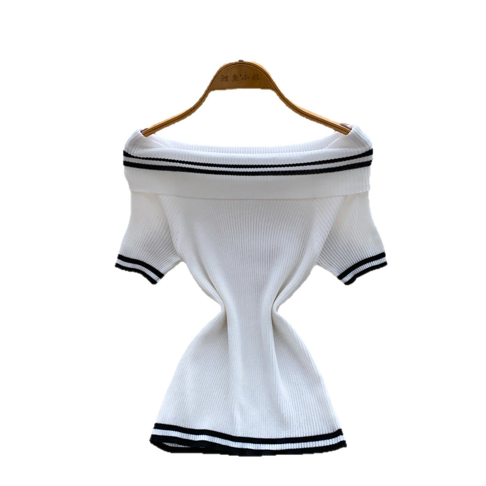 Korean style off-the-shoulder striped knit top - women's summer slim fit white short sleeve top -  new arrival base layer