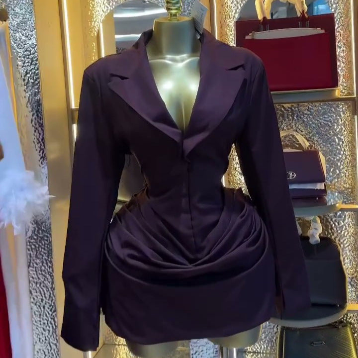 European and american cross-border women's fashion:  summer new arrival - chic and elegant notched lapel ruched slim-fit blazer top